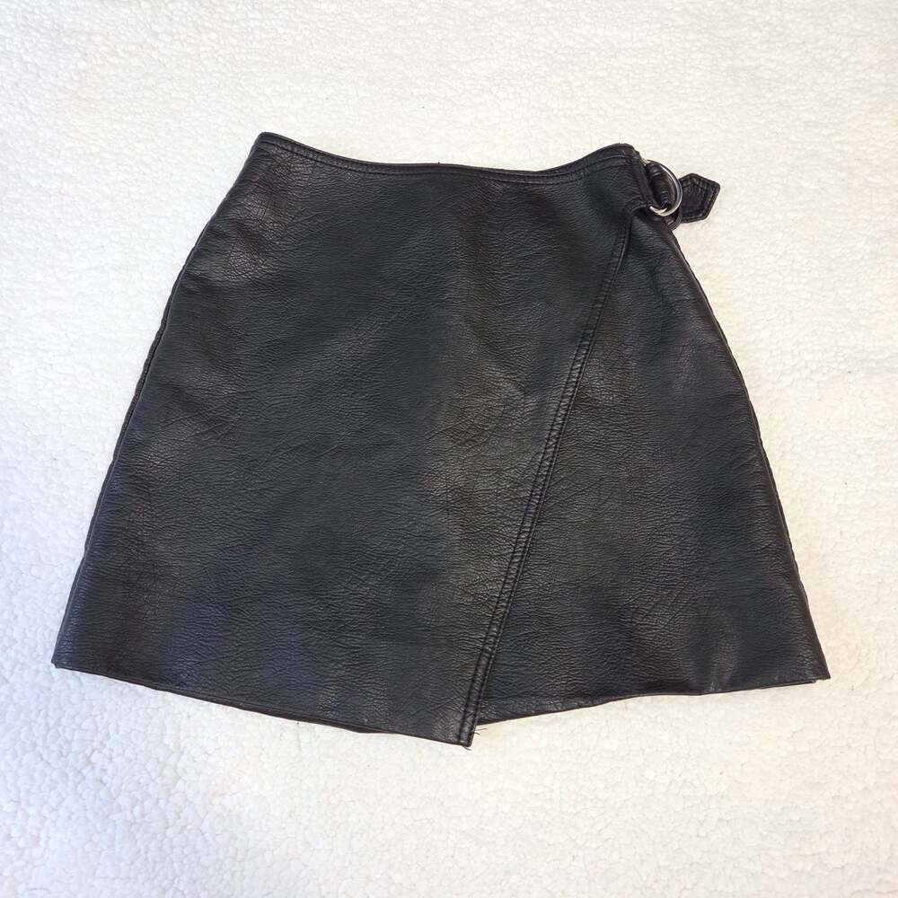 H&M Black Faux Leather Wrap Mini Skirt Asymmetrical Side Buckle